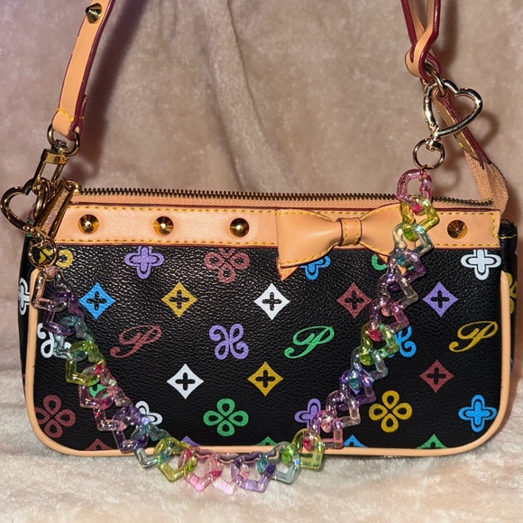 Black Multicolor Studded Monogram Shoulder Bag Tan Trim Bow Detail W Bag Chain! - Picture 3 of 12